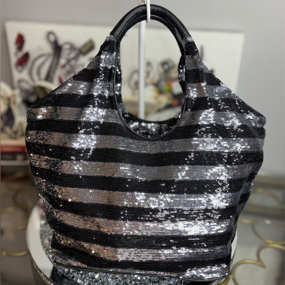 Kate Spade rare STORYBOOK LINING black and silver sequin striped tote bag EUC - Picture 4 of 14